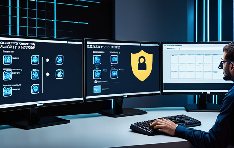 **
A security monitoring center with a visible weak password displayed on a screen, a technician oblivious to a phishing email, and outdated software icons, illustrating vulnerabilities.
**
